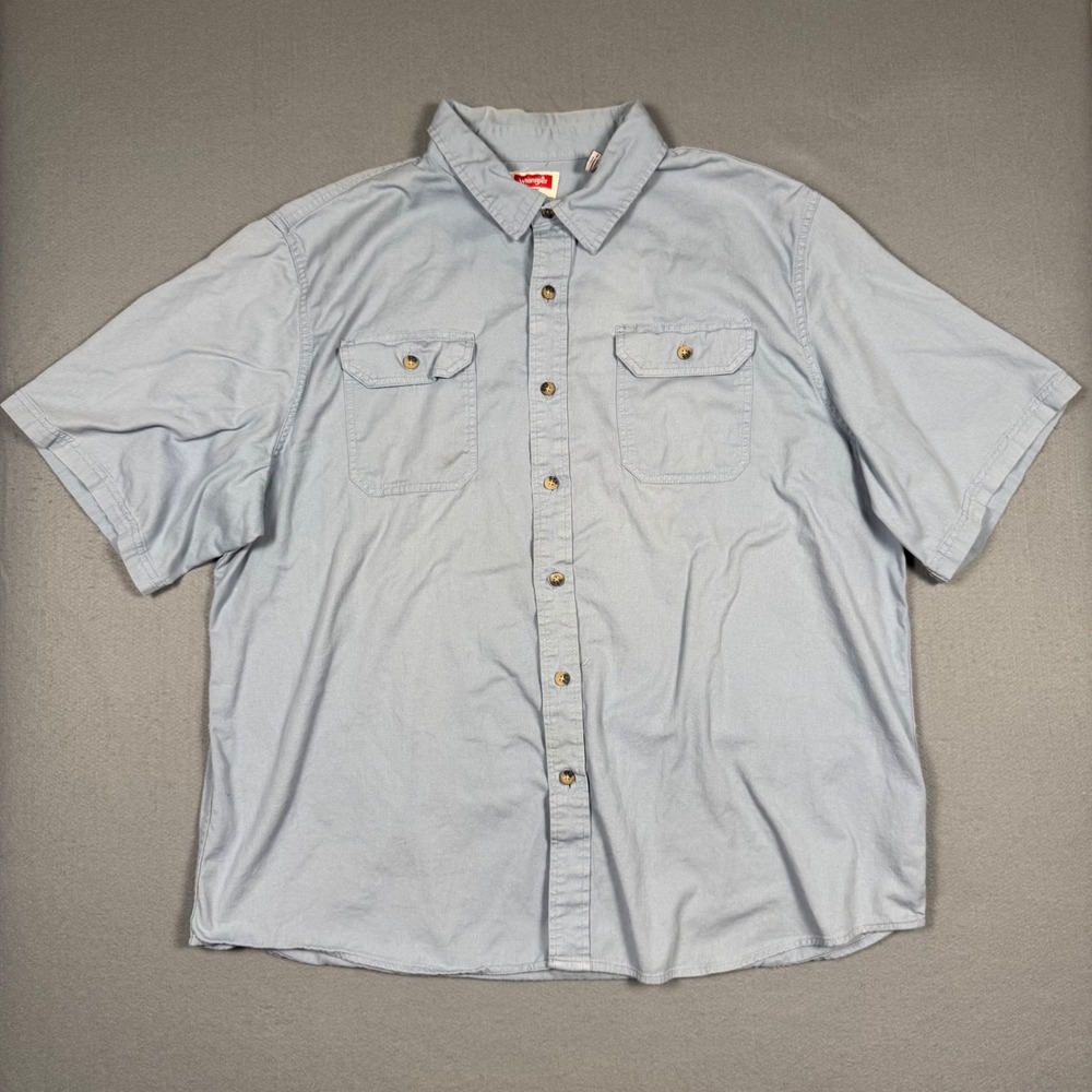 Wrangler Button Down Shirt Mens 2XL Blue Short Sleeve Cotton Twill Workwear Top